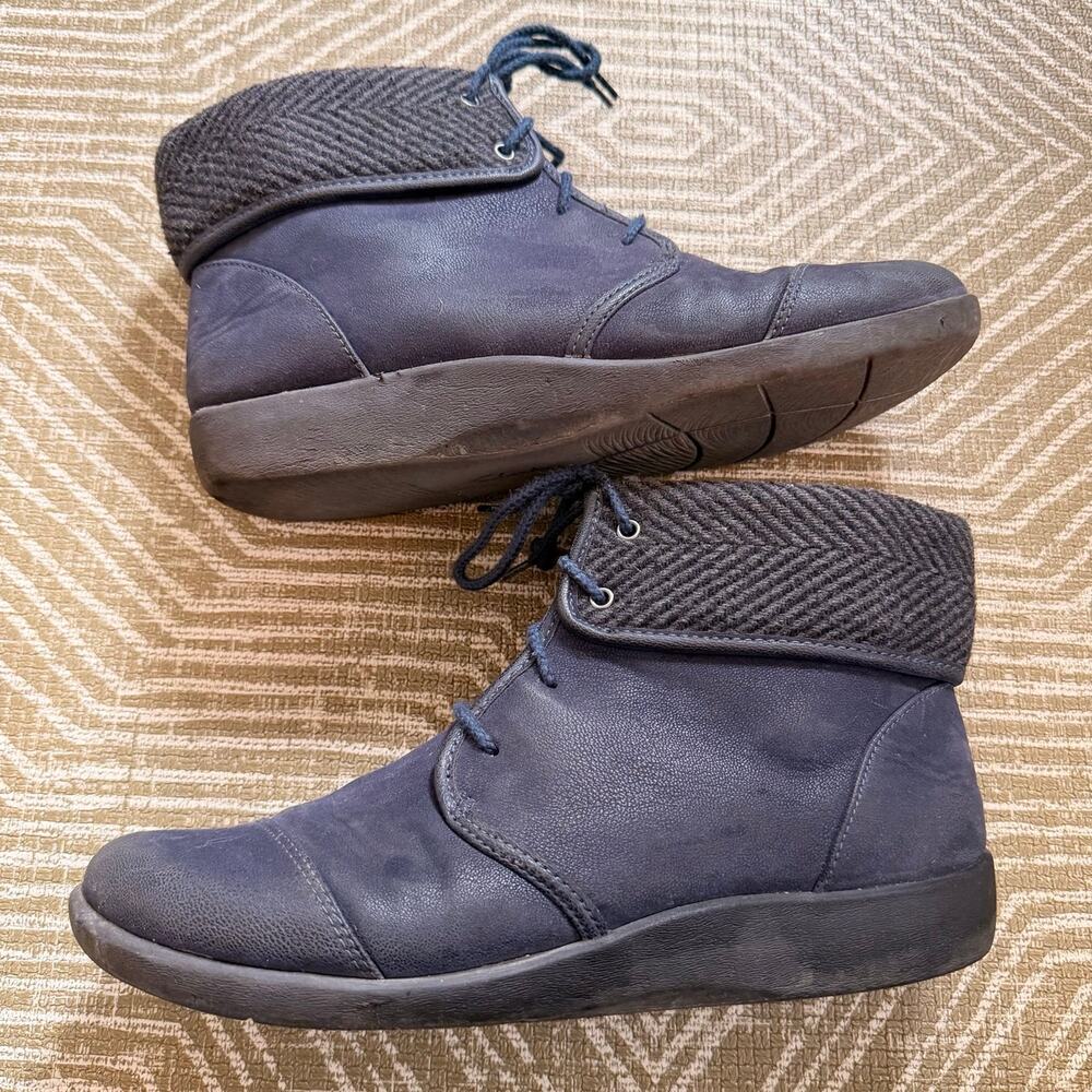 Clarks Cloudsteppers Leather Ankle Boots Knit Collar Lace Up Women’s 10 Navy